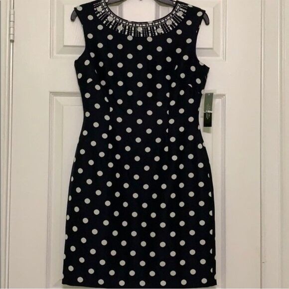 Tahari Polka Dot Embellished Neckline Sleeveless Dress size 4 Petite Navy Blue - Picture 7 of 12
